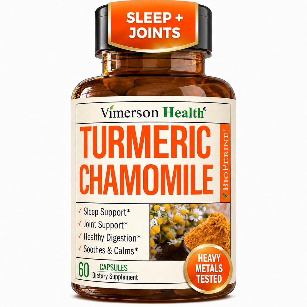 תוסף Turmeric וצ'מומיל קפסולות לשינה - תוספי שינה אורגניים Turmeric בתוספת תמצית פרחים Chamomile (Manzanilla) - רגיעה & Stress Support - Joint & Digests.