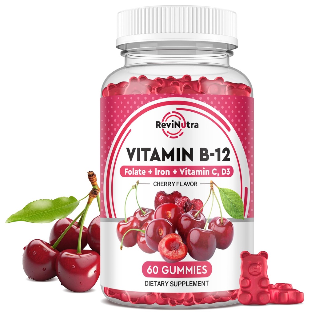 ויטמין B12 Gummies - 5000 mcg Methyleobalamin עם ברזל, ויטמין C, D3 & Folate, תמיכה באנרגיה ומטבוליזם, Immune, B-12 Complex Chewable עבור גברים ונשים, טבעוני 60 הרוזן