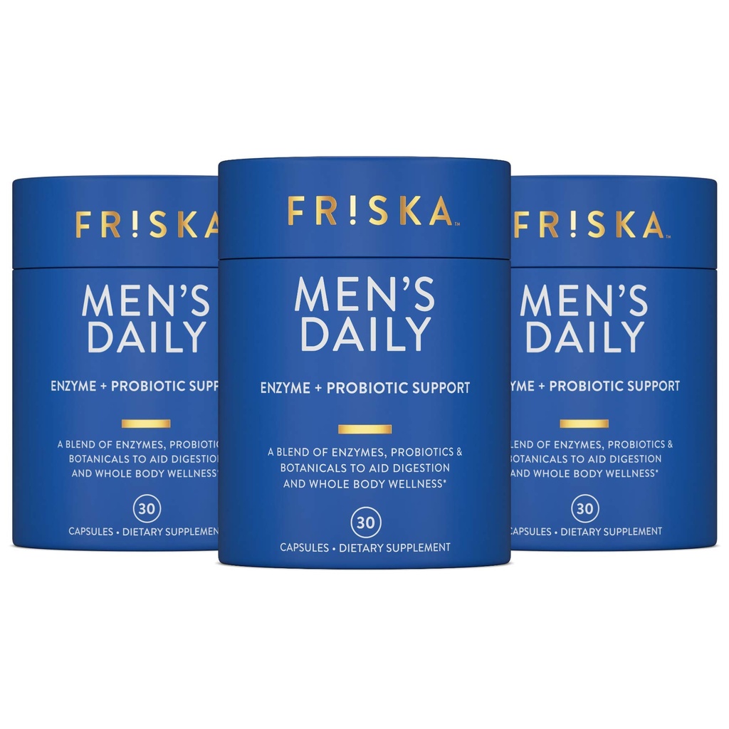 FRISKA Men’s Daily Digestive Enzyme ו Probiotics תוסף, תמיכה טבעית לבריאות הגברית, Bloating, Gas, Indigestion Relief, תומך Gut Health, Lactase ו B-Vitamins, 90 קפסולות