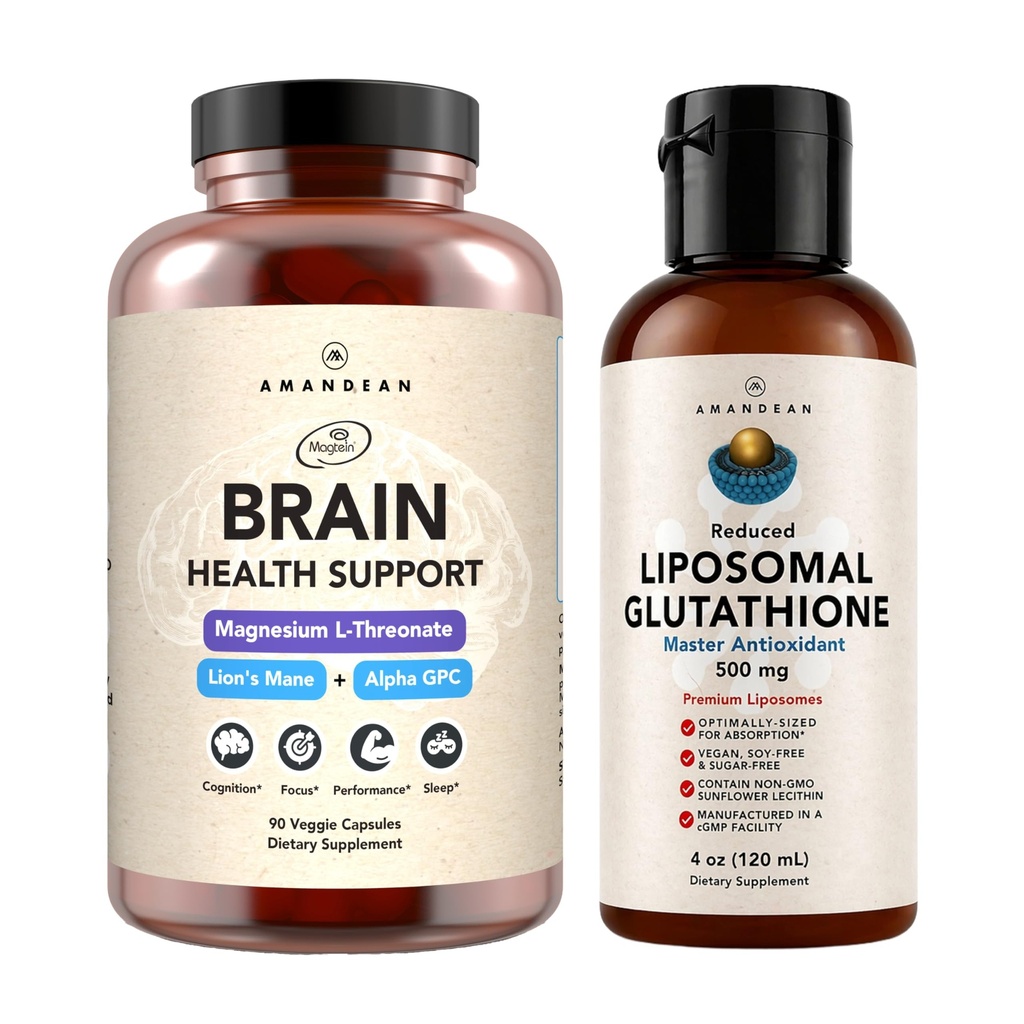 AMANDEAN Premium Brain Supplement & Liposomal Glutathione Bundle. פורמולה משולשת עם Magnesium L-Threonate, USA-Grown Organic Lion's Mane 6:1 Extract, ו-Alpha-GPC.