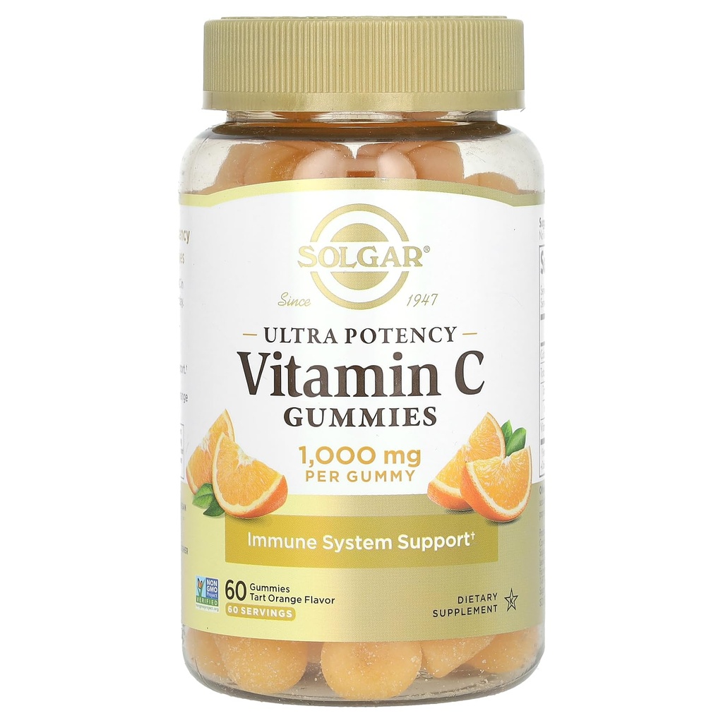 Solgar Vitamin C Gummies for Adults 1,000mg Ultra Potency Vitamin C Immune System Support for Women & Men - Tasty Tart Orange Flavor, Vegan & Gluten-Free Gummy, 2 Month Supply, 60 Servings, 2g Sugar