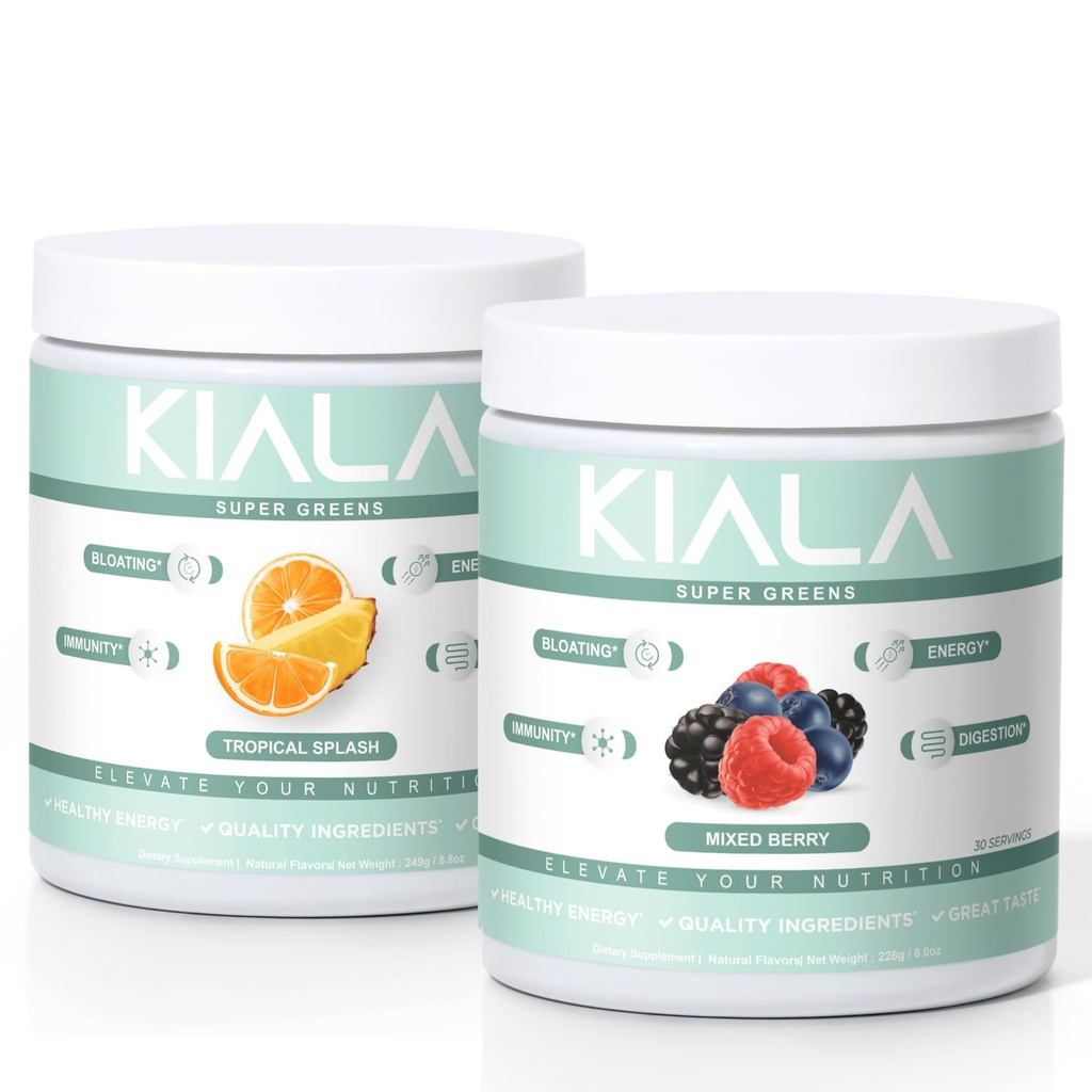 Kiala Nutrition Super Greens, אורגני ירקות אבקה, Spirulina & Chlorella Superfood אבקת, סוכר וגלוט חינם טבעוני, Spectra Band, טרופי Slush, מעורב ברי 2 Pack