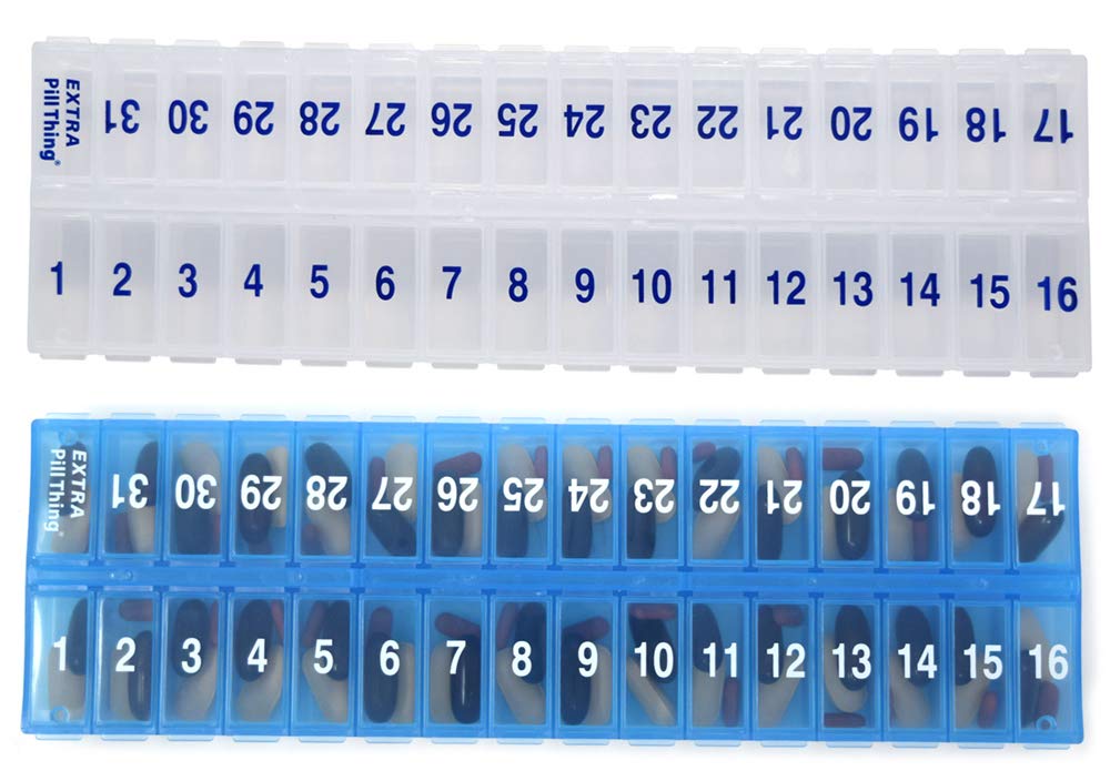 AMPM 31 Day Once-a Day Monthly Pill Planner מארגן - חבילות גלולות השוואתיות גדולות מאחסנות תרופות לחודש שלם פלוס השוואת גלולות נוספות (AM/PM Clear & Blue) BPA חינם