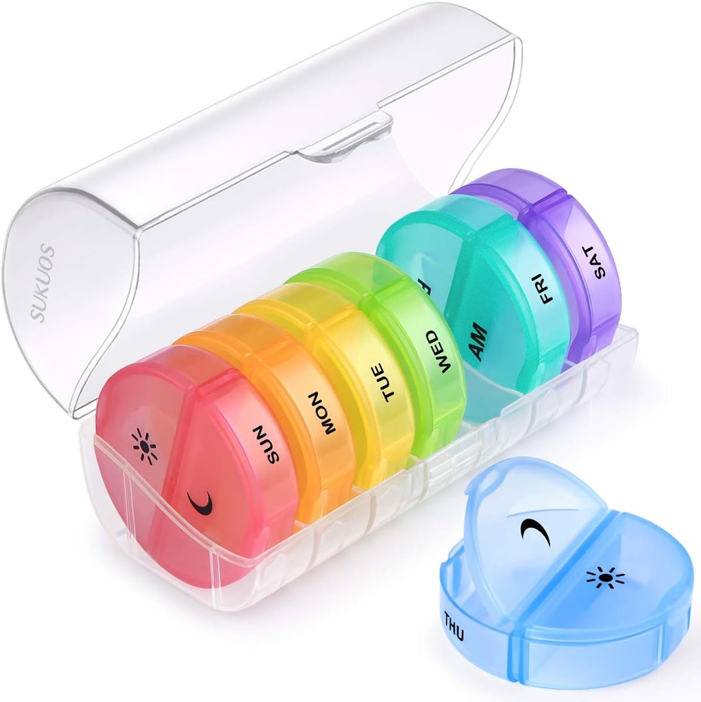 Sukuos גדול כדור שבועי מארגנת 2 פעמים ביום, Daily Pill Box 7 Day Easy to open with Double Protection, AM PM Pill Case for Medicine/Vitamin/Fish Oil/Supplements (Clear)