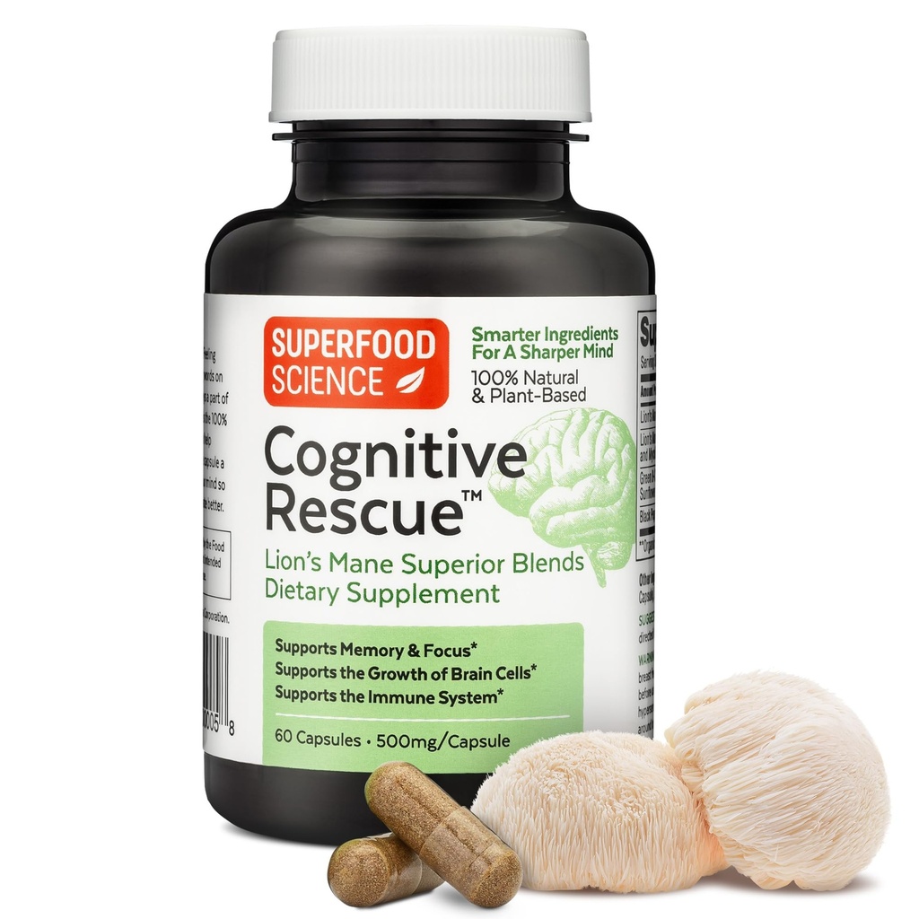 הצלה קוגניטיבית, Mane Mushroom קפסולות w / Lion's Mane כפול לחלץ, nootropics, Brain Supplement for Memory and Focus, Mushroom Immune Support w / B ויטמין Complex, BioPerine, 60 כמוסות