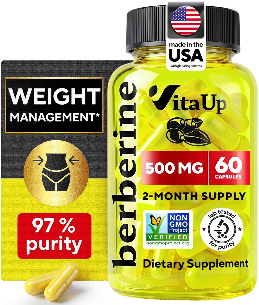 Berberine תוספת 500 מ"ג - ארה"ב יצרה Berberine 500 מ"ג - non-GMO Berberine HCL - ברברין תוספי ניהול משקל, אנרגיה, תמיכה בחיסון - 60 קפסולות