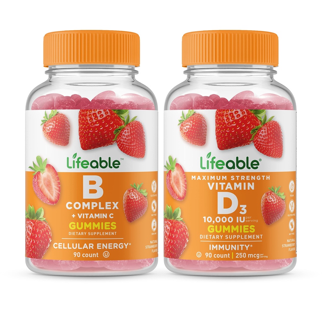 Liveable B Complex + ויטמין D 10000 IU, חניכיים בונדלה - גדול Tasting, ויטמין תוסף, Gluten חינם, GMO חינם, Chewable