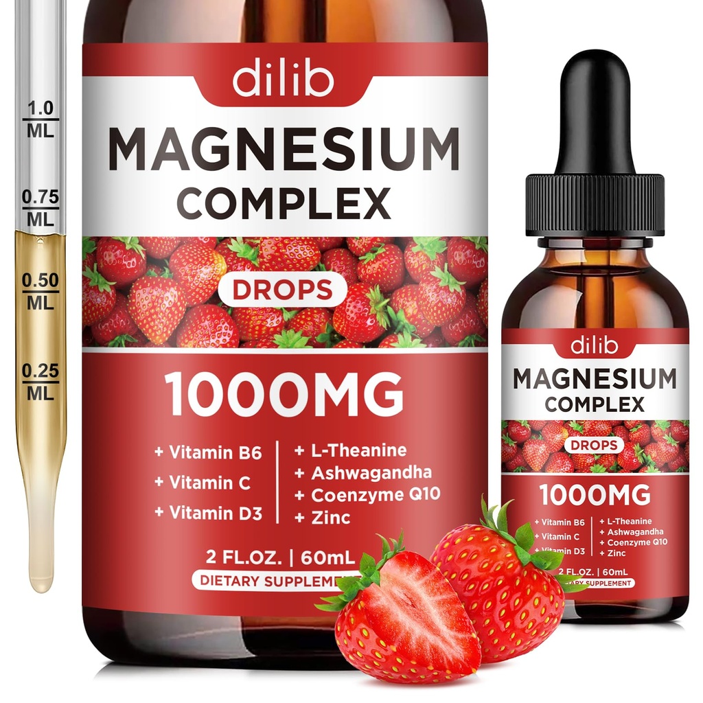 תוספת מורכבת של Magnesium, Magnesium Glycinate, בלנדר, Citrate נוזל טיפות 1000 מ"ג עם Ashwagandha, CoQ10, ויטמין B6, C, D, Zinc - Support Calm Stress הקלה, העצם, השרירים, Mood טבעוני טבעוני טבעוני טבעוני