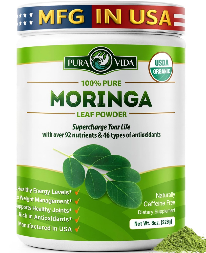 PURA VIDA אבקה אורגני יחיד מקור - Premium 100% עלה אבקת, USDA אורגני Moringa Oleifera, אבקת Moringa - מושלם עבור Smoothies & מתכונים. 8 oz.