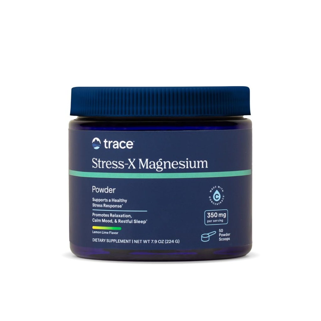 Trace מינרלים Stress-X Magnesium, 350 מ"ג - אבקת Magnesium תוספת לתמיכה להרגעת שרירים ושיקום - תוספת תמיכה בשינה מנוחה - לימון Lime Flavor, 7.9 oz (50 משרתים)