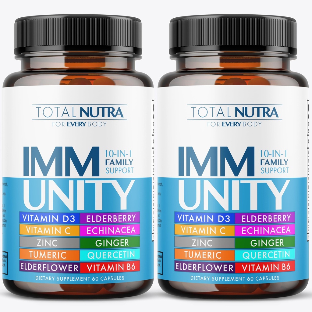 10In-1 Immune Support Supplement: Immune Boosters for Adults & Kids Daily Immunity Defense with Key Immune System ויטמינים Zinc, ויטמין C ו-D, Plus Elderberry, Quercetin, Echinacea & More, 60 Capsune System