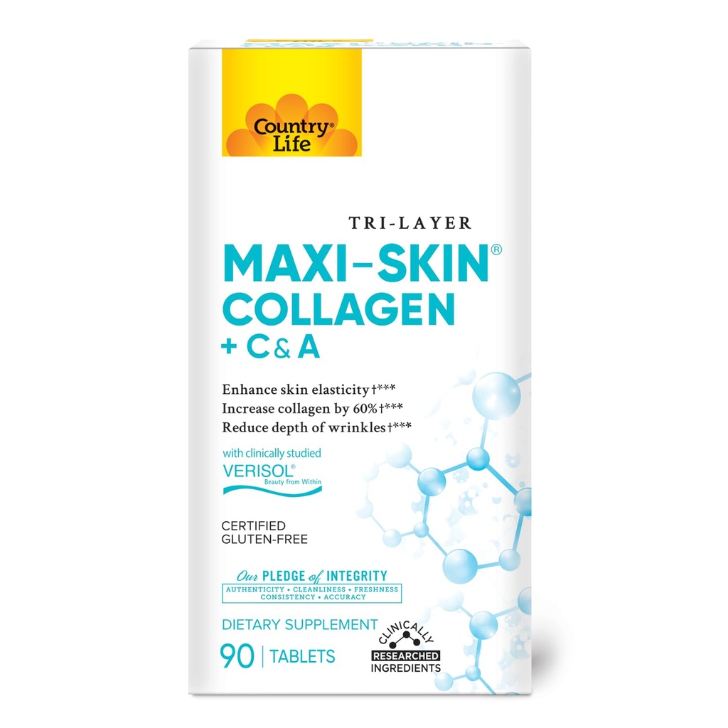 Country Life Verisol Collagen Peptides Tablet - צמצום עומק של W[KB1] rinkles & Enhance Skin אלסטיות-90 טבליות - מכיל ויטמין A & C - אבקת קולאזן לנשים וגברים - Boost Skin Collagen ב 60%