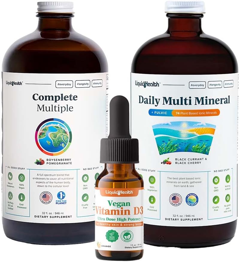 LIQUIDHEALTH Ultra Immunity Yellow Bundle למבוגרים עם רב ויטמין שלם, Daily Multi מינרלים ווויטמין D3 Drops - Immune Supports, Whole Foods, טבעוני, non GMO