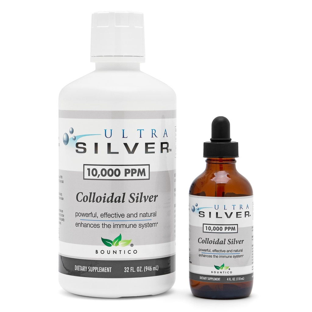 Ultra Silver® Colloidal Silver | 10,000 PPM, 32 Oz (946mL) | מינרלי | True Colloidal Silver - 4 oz Dropper Bottle (Empty) כולל Dispensing!