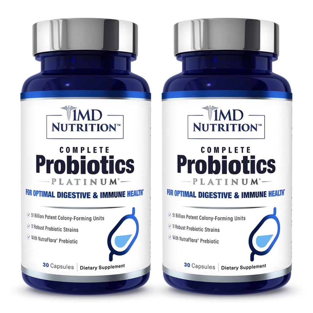 1MD שלם Probiotics פלטינום | תמיכה בבריאות העיכול | עם Nourishing Prebiotics, 51 מיליארד Live CFU, 11 סטרינס, חלב חינם | 30 קפסולות ירקות (2-Pack)