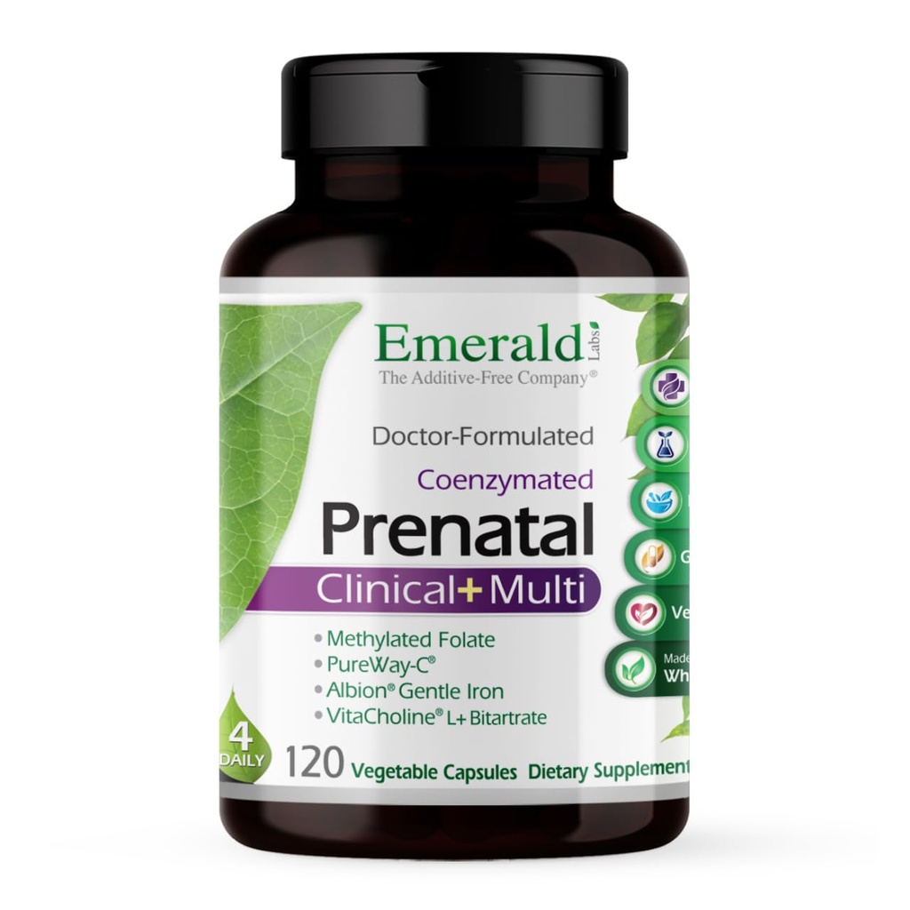 EMERALD LABS Prenatal Clinical Multi - Prenatal Multivitamin with Methylfolate, Albion Chelated Gentle Iron, Whole-Food Ingredients & More - Soy & Gluten-Free - 120 Vegetable Capsules (30-Day Supply)