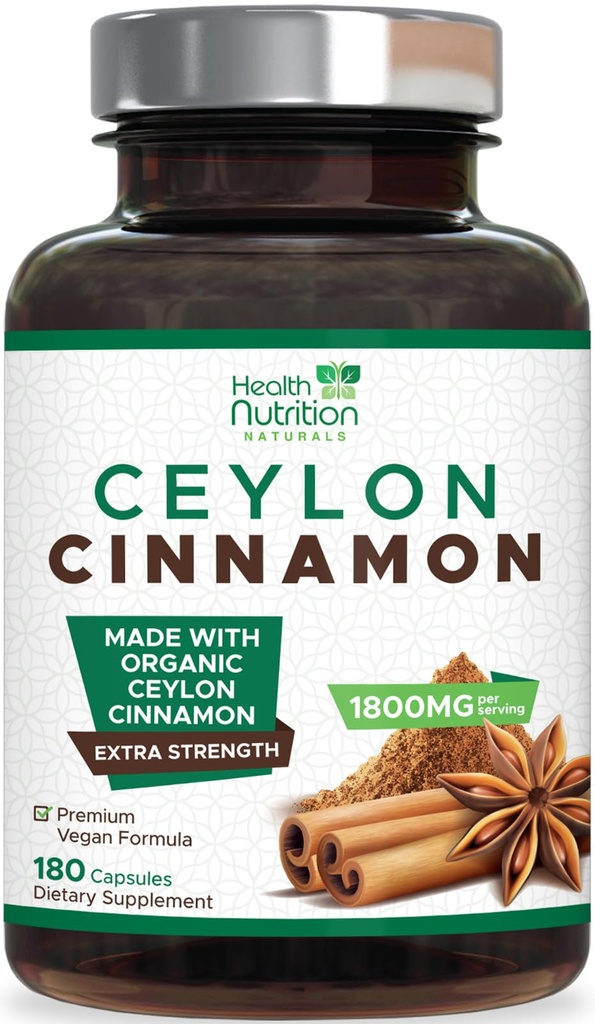 Ceylon Cinnamon כמוסות 1800 מ"ג - מוסמך אורגני Ceylon Cinnamon אבקת תוסף, בבקבוק בארה"ב, תוספת אנרגיה ותמיכה לב גלולות, non-GMO & Gluten חינם, סוכר חינם - 180 קפסולות
