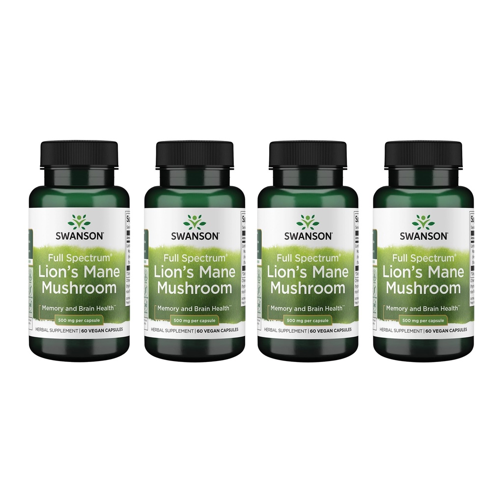 Swanson Full Spectrum Lion's Mane Mushroom - Brain Health Supplement to Support Memory, Focus & Clarity* - May Plus Immune, Heart & Digestive Health - Gluten-Free & Non-GMO - 60 קפסולות (4 Pack)