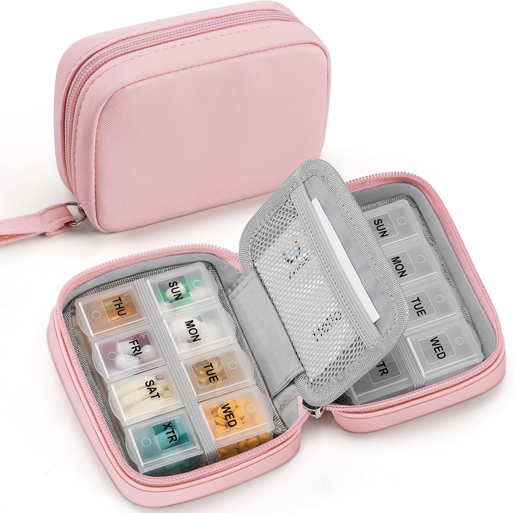 Zannaki Sweet Pill Productionser for Purse with Two Removable 7-Day Pill Box, Travel PU Skin Pill Case, Portable Weekly Pill Container with Storage Bag to Hold ויטמינים, שמן דגים, תוספים (Pink)