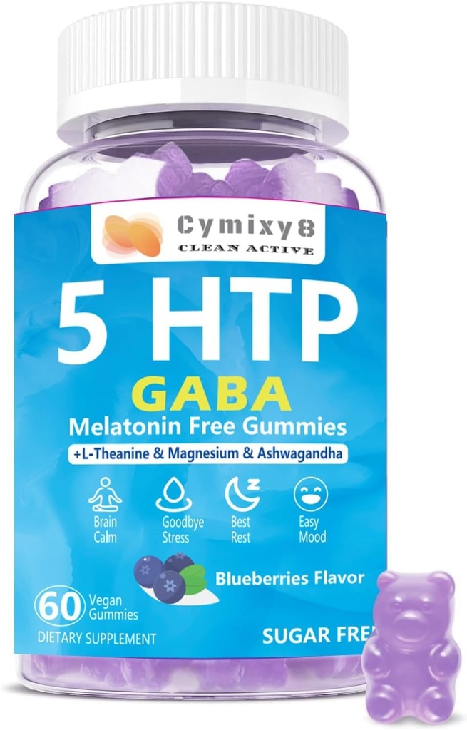 5-HTP GABA Gummies בלגן 1700 מ"ג, חניכיים ללא סוכר עם L Theanine, Magnesium, Ashwagandha, אומגה 3-6-9, ויטמין D3,B6 עבור זאזלס טבעי, Mood, Brain-Calm, Blueberry Flavor 60Countor 60Counter