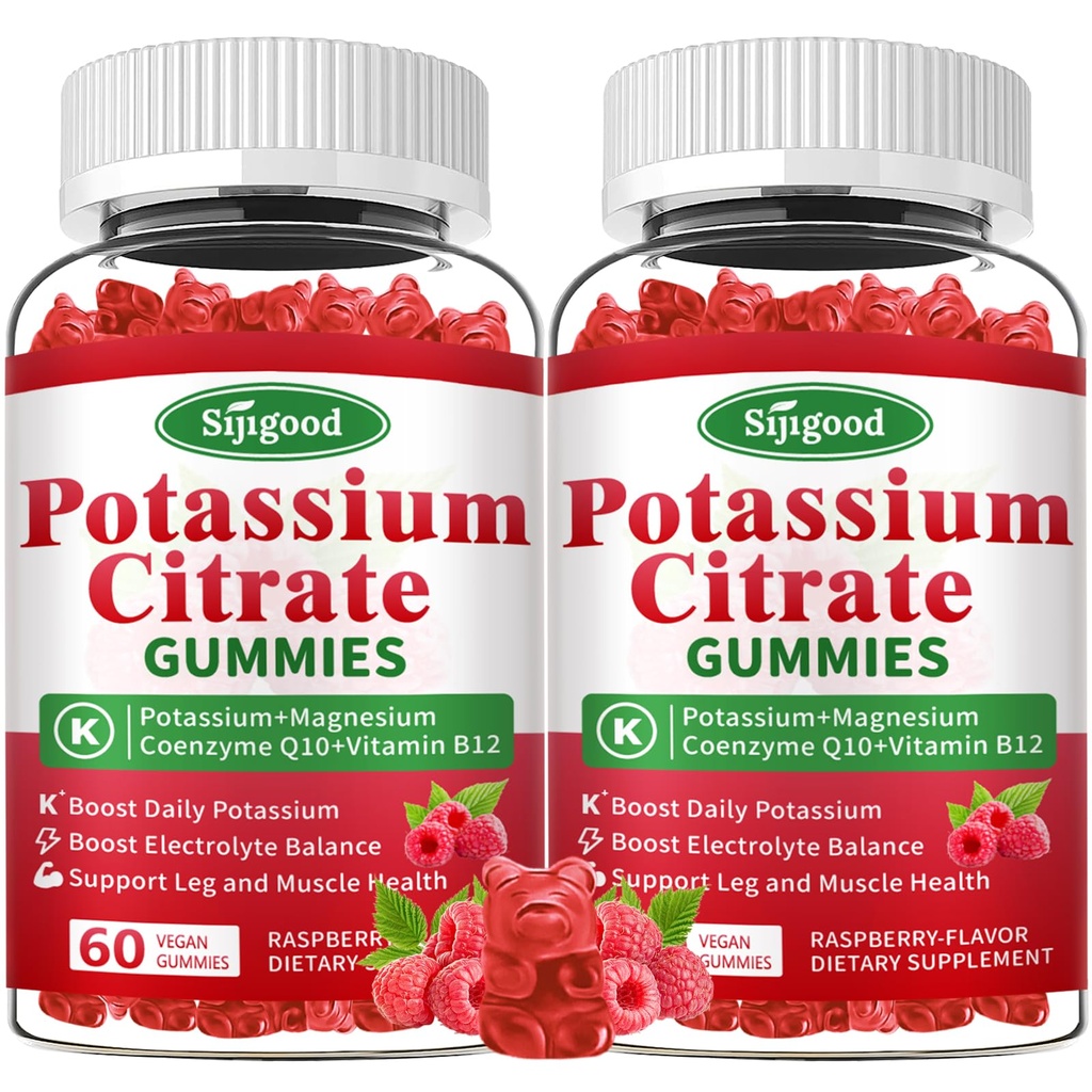 2 Pack Potassium Citrate Gummies - תוספי Potassium לבריאות השרירים, Leg Cramp Relief & Electrolyte Balance, טבעוני, non-GMO, Gluten-Free, Raspberry Flavor, הרוזן 120
