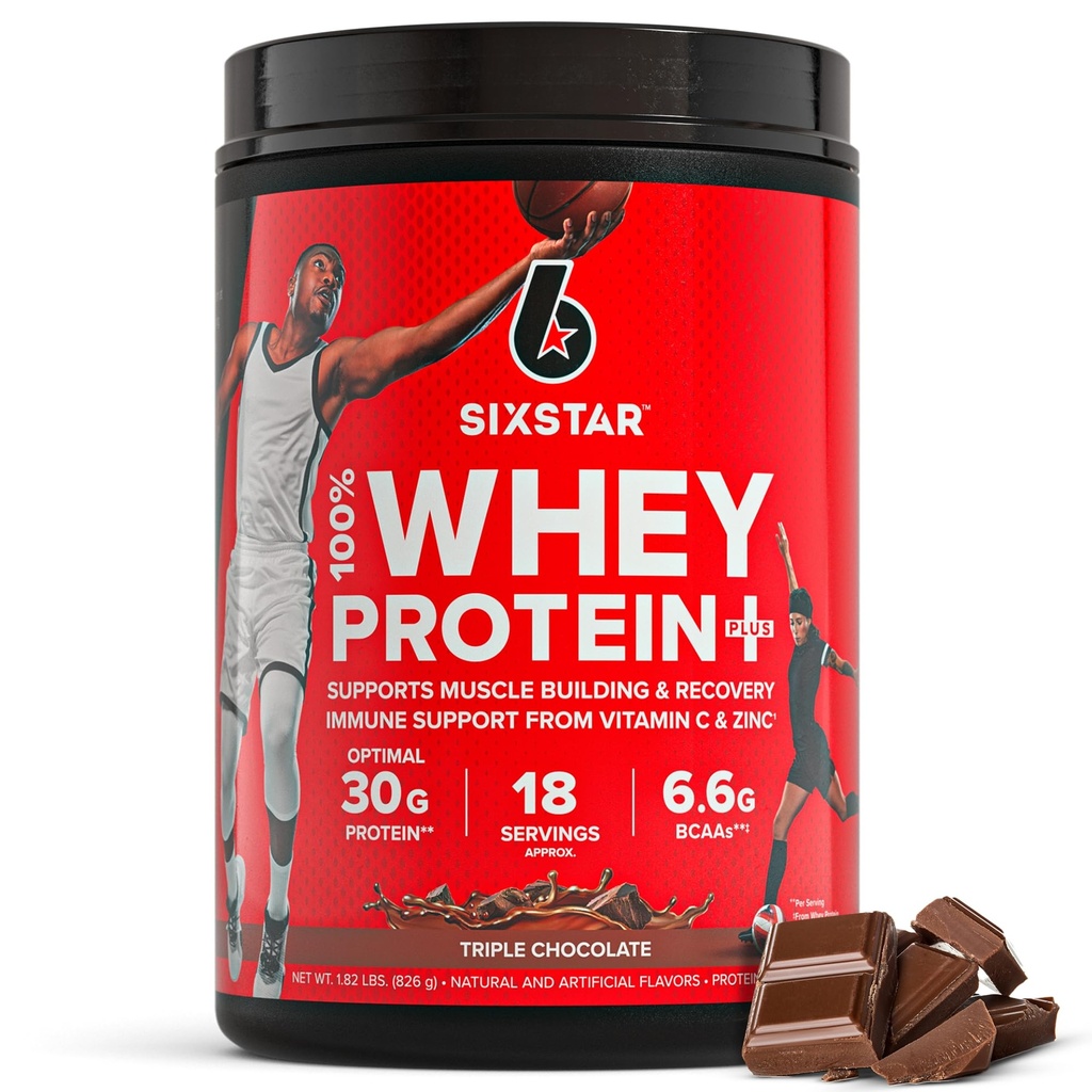 שישה כוכבים אבקת חלבון Whey פלוס - בניית שרירים ושיקום פורמולה עם אבקת Whey Isolate, BCAAs, 30g חלבון, Immune תמיכה - תוספת פוסט-עבודה - שוקולד משולש, 1.8 lbs