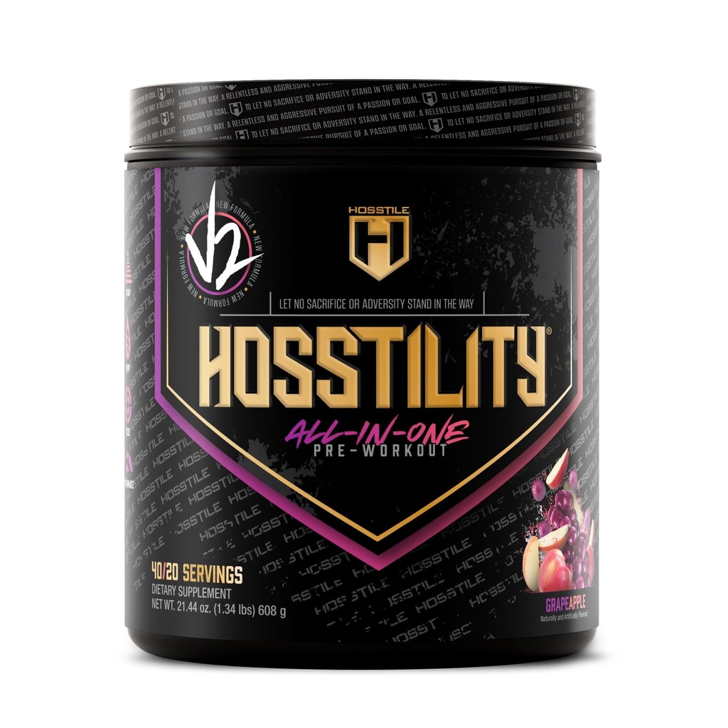 HOSSTILE Hosstility V2 Pre Workout, אבקת All-in-One Pre Workout עבור גברים ונשים, לשפר את משאבת השרירים, להגביר את האנרגיה, כוח Boost, Sharpen Focus, Grape Apple, 40 משרתים