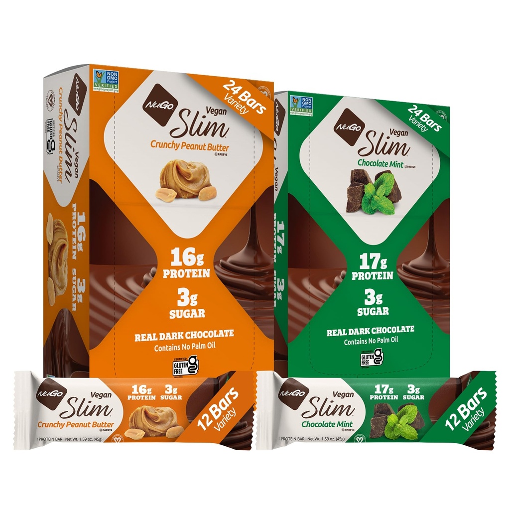 NuGo Slim Vegan Variety - Crunchy Peanut Butter 12 ברים ושוקולד Mint 12 ברים, נמוך Net Carb, Keto Friendly, 16-17g Plant Based חלבון, Gluten Free, 24 ספירה ספירה