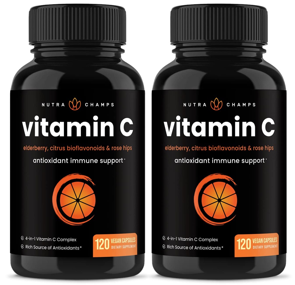 NutraChamps (2 Pack) ויטמין C 1000 מ"ג עם Elderberry, Citrus Bioflavonoids & Rose HIPS - 120 קפסולות טבעוניות, תוסף non-GMO Antioxidant עבור Immune Health & Collagen ייצור 500 מ"ג אבקת גלולות גלולות גלולות גלולות גלולות גלולות