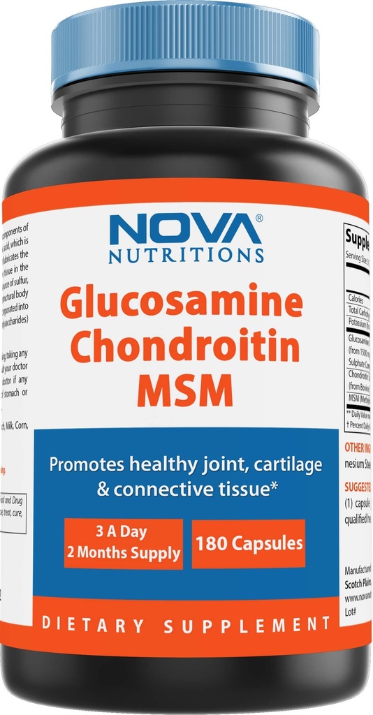נובה Nutritions Triple Strength Glucosamine Chondroitin MSM 2600 מ"ג / קפסולות משרת, תומך חדש משותף, קרטליג ו- Connective Tissue - מקדם נוחות משותפת וגמישות 180 הרוזן הרוזן