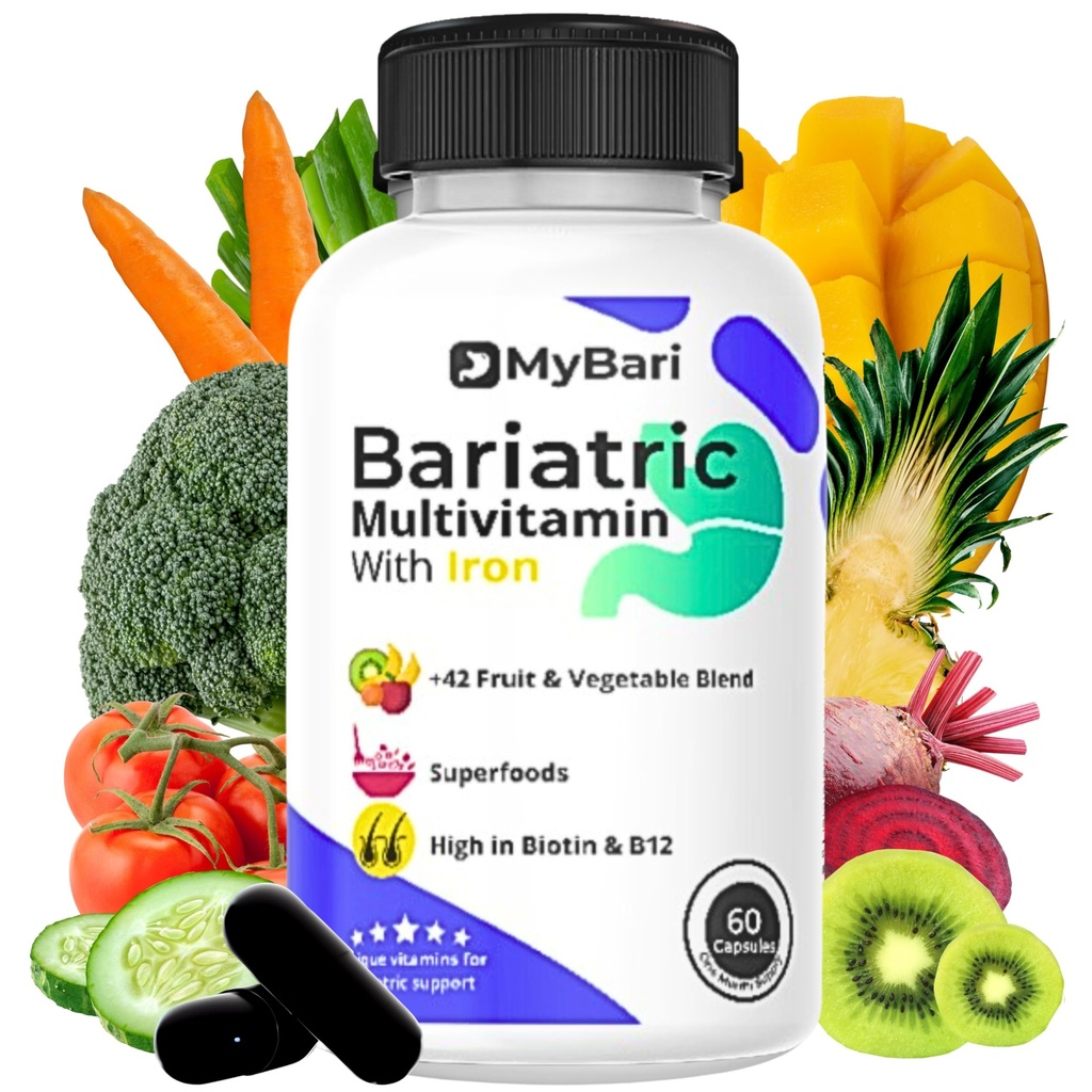 All-in-One Bariatric Multivitamin with Iron - Made in USA - for Men & Women - Supports Gastric Op & Bypass with 42+ פירות & Veggie בלגן - 60 קפסולות נוזליות