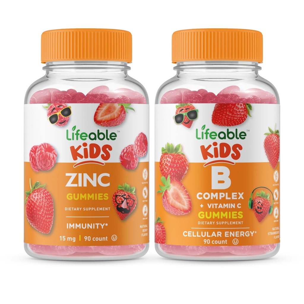 Lifeable Zinc Kids + B Complex Kids, Gummies Bundle - Great Tasting, ויטמין תוסף, Gluten Free, GMO חינם, Chewable Gummymy