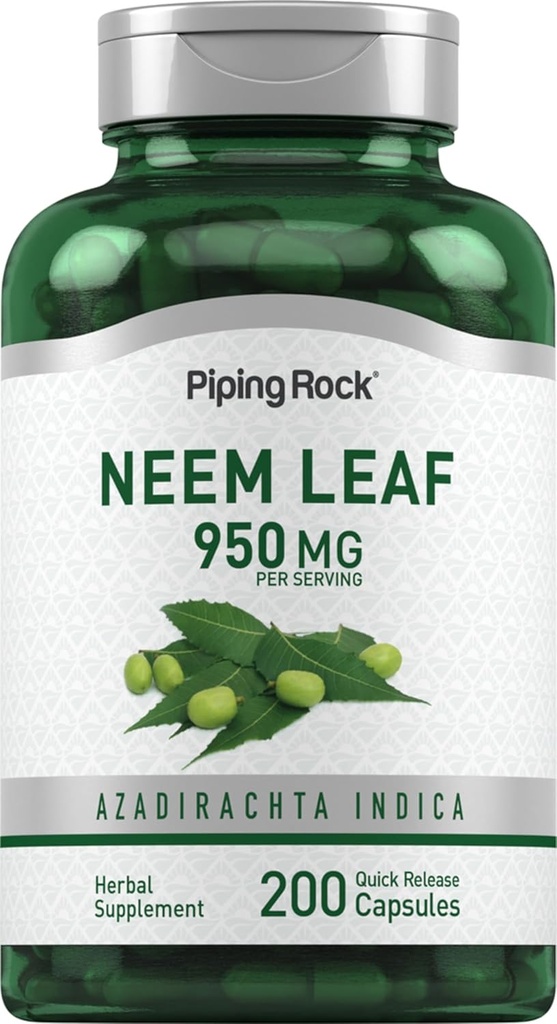 Piping Rock Neem Leaf קפסולות | 950 מ"ג | 200 גלולות צמחיות | Herb לחלץ תוסף | Azadirachta Indica | Non-GMO, Gluten Free Free