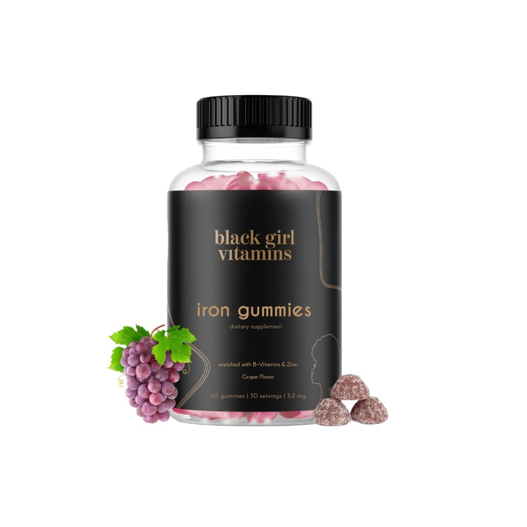 ויטמין Black Girl - Iron Gummies (20 מ"ג), תומך בהגנת ברזל ואנמיה, Gluten-Free, Gelatin Free, Made in the USA (Grape, 60 Count) 30 יום אספקה