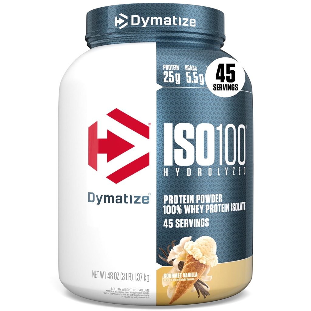 Dimatize אבקת חלבון ISO100 Whey חלבון Isolate, Vanilla, 25g של חלבון, 3 פאונד, 5.5g BCAAs, פחות מ 120 קליפורניה, Gluten חינם, 1g שומן, 1g סוכר, 2g Carb (45 משרתים)
