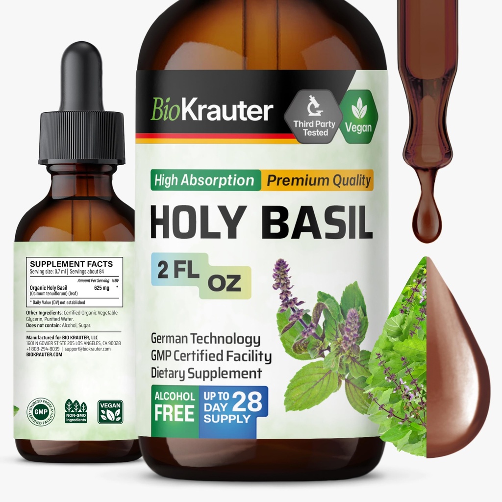 BIO KRAUTER Holyזיל Tincture - תמצית נוזלי אבקת Tulsi - תומך Calmness ורגיעה - תוסף Ursolic Acid - אלכוהול וסוכר חינם - טיפות טבעוניות 2 Fl.Oz.