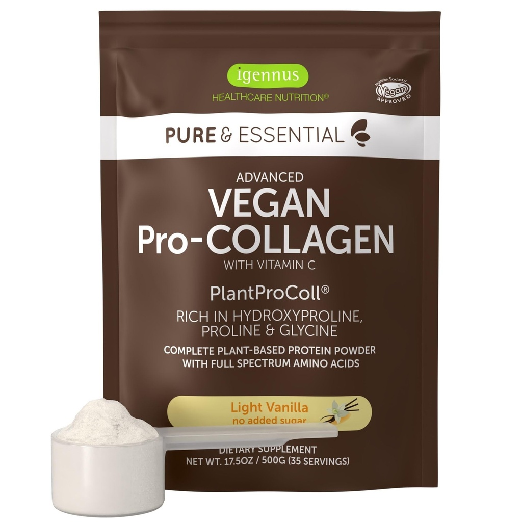 Igennus Advanced Vegan Vanilla Collagen Peptide אבקת, משופרת עם Glycine, Proline & Hydroxyproline & Cofactor ויטמין C, Non GMO, צמחי צמחוני מבוסס אבקת קולגן Booster, 35 משרתות
