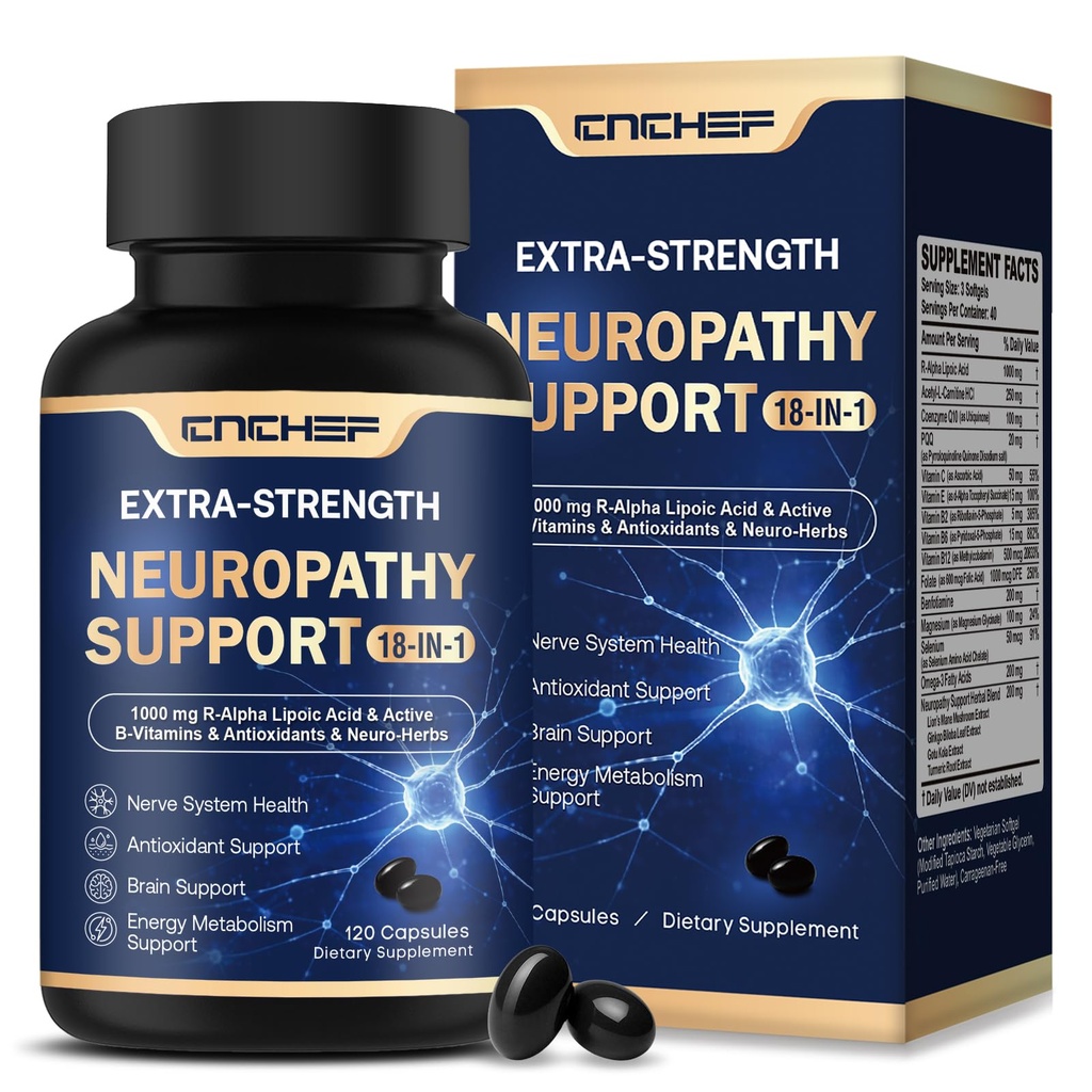 Neuropathy Support Nerve Supplement – 1000mg Advanced R-Alpha Lipoic Acid, L-Carnitine, Benfotiamine, PQQ,CoQ10,Magnesium & B-Complex for Nerve Health,Antioxidant & Cellular Energy,Vegan 120 Capsules