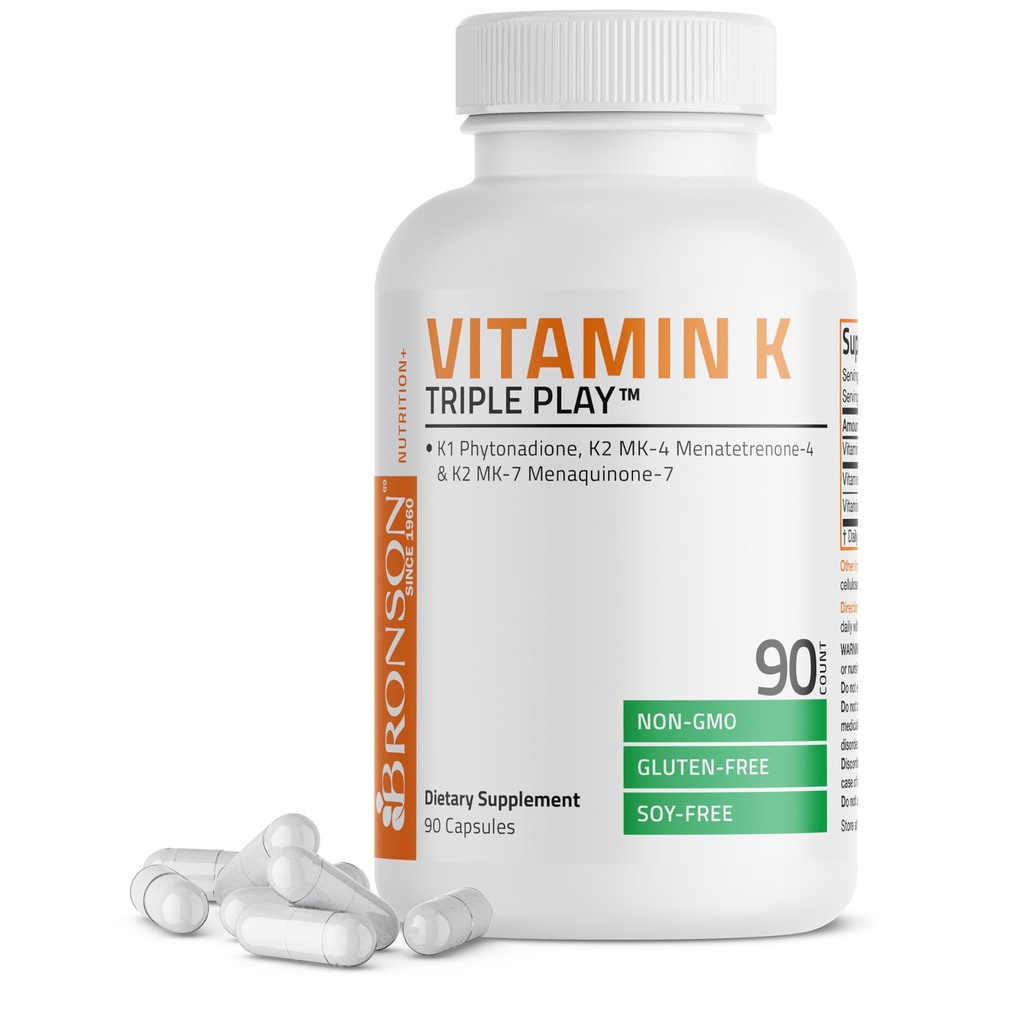 Bronson ויטמין K Triple Play (Vitamin K2 MK7 / ויטמין K2 MK4 / ויטמין K1) תוסף ויטמין C, 90 קפסולות
