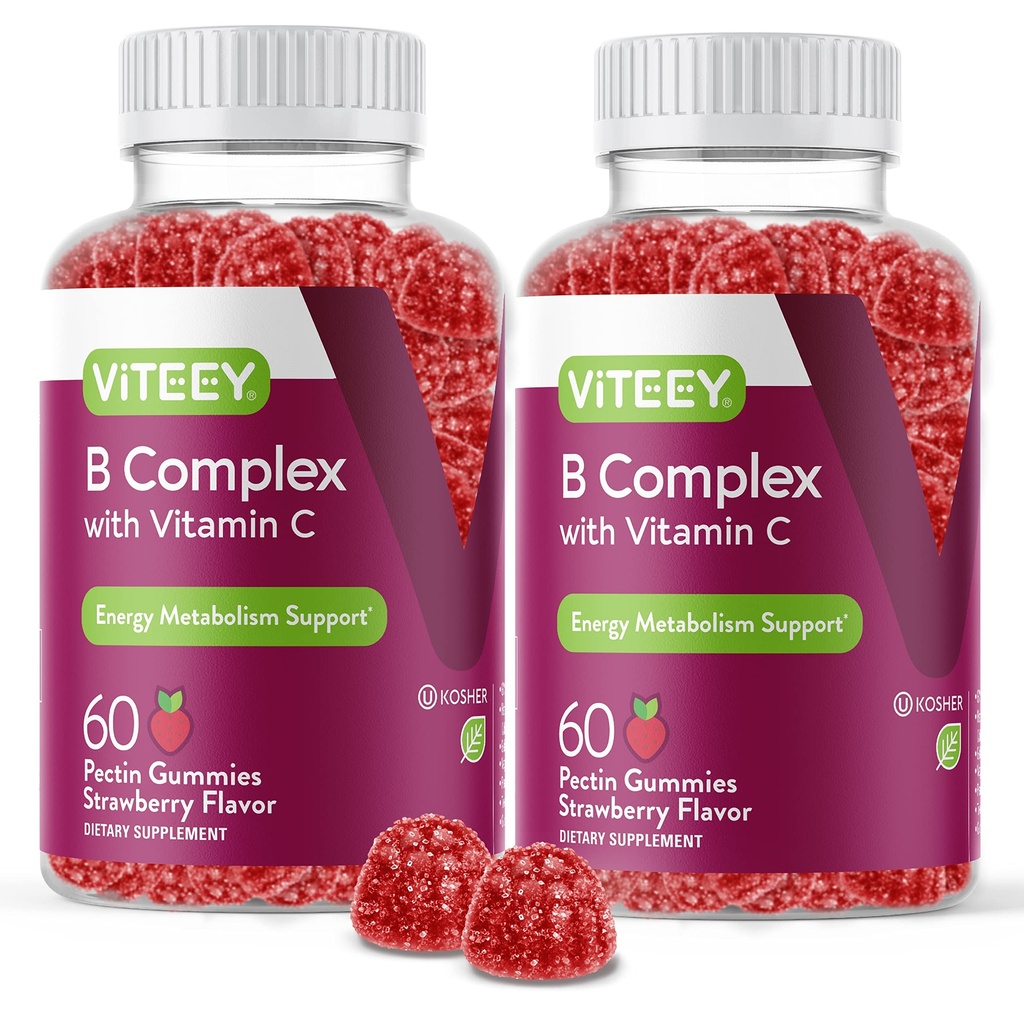 Viteey ויטמין B Complex Gummies עם ויטמין C - אנרגיה, Metabolism & Immune Support - B6, B12, Niacin, Folic Acid, Biotin, Calcium - טבעוני, Gluten-Free 120 Count Count Count