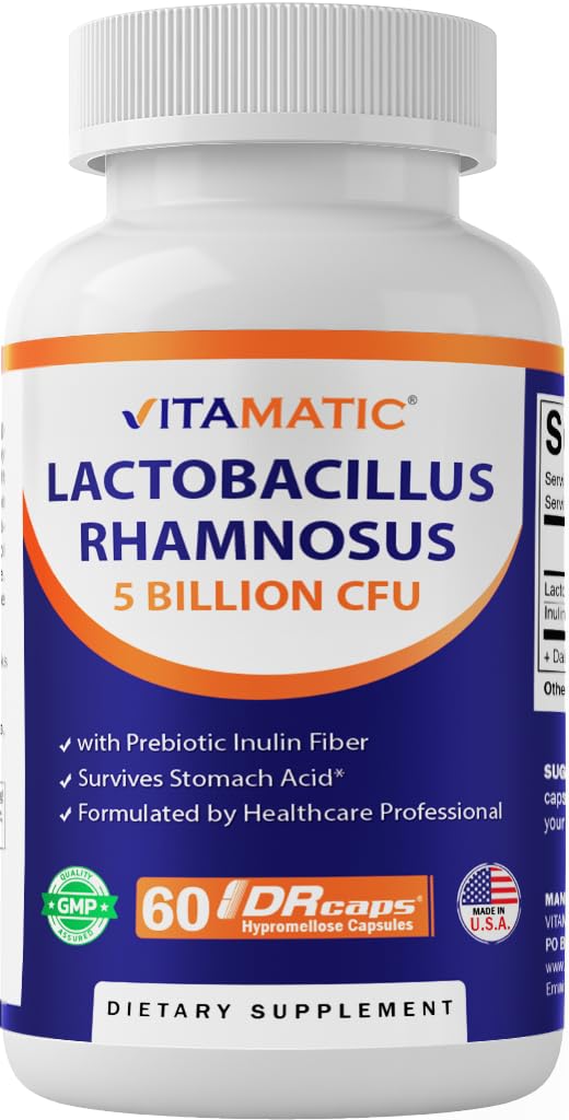 Vitamatic Lactobacillus Rhamnosus 5 מיליארד ל-DR קפסולת (10 מיליארד פר 2 קפסולות) - 60 Count - Advanced Digestive & Immune Support - Made with Prebiotic Inulin סיבים