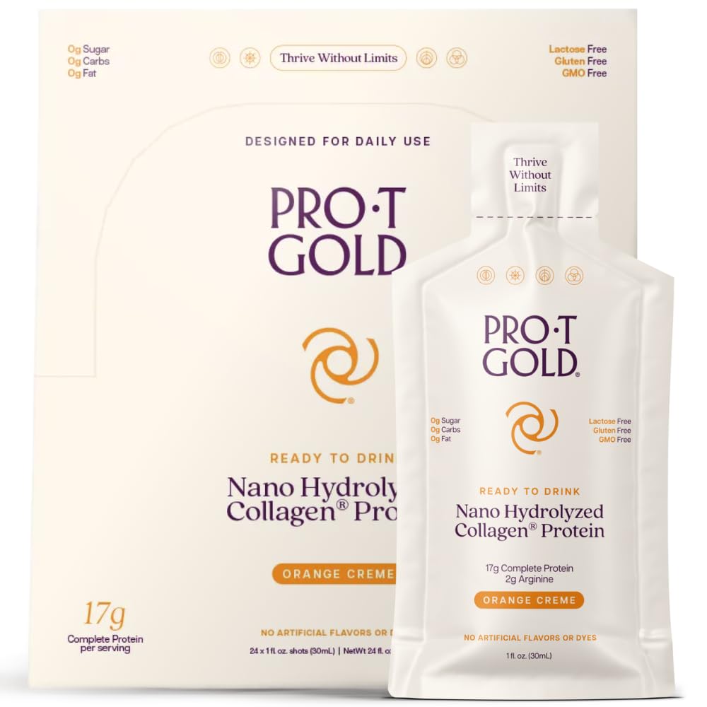 ProT Gold Liquid Collagen חלבונים נורה, 17g Clear חלבון ננו-הידיד גראס פד קולגן, 2g Arginine עבור Wound Support, Gluten Free, Sugar Free, 0g Carbs, Orange Creme, 1 fl oz, 24 Packginine עבור Wound Support, Gluten Free, Sugar Free, 0g Carbs, Orange Creme, 1 flme, 24 oz, 24 Pack