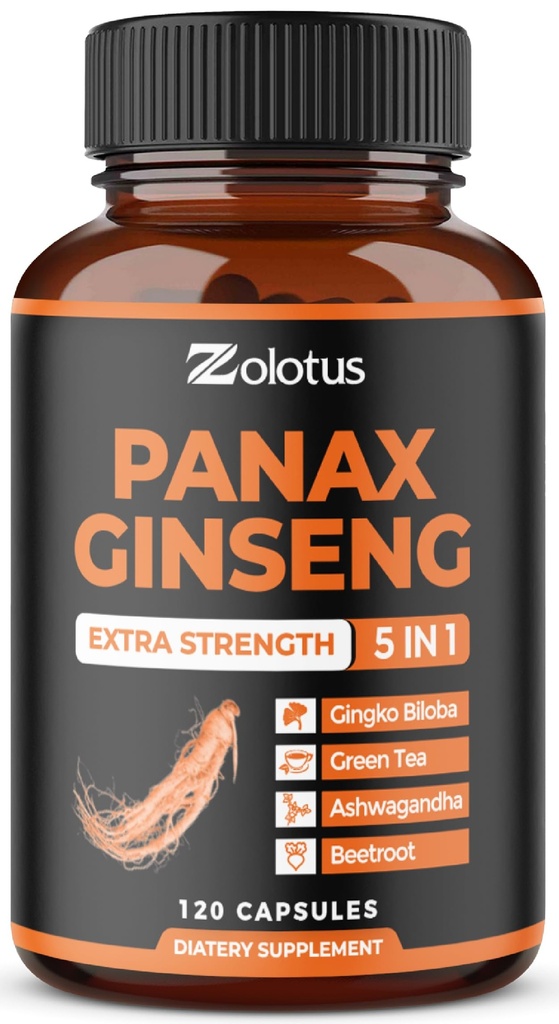 Zolotus Korean Red Panax Ginseng + Ginkgo Biloba, Ashwagandha, Beetroot, Green Tea - 120 Capsules for 2 Month Supply