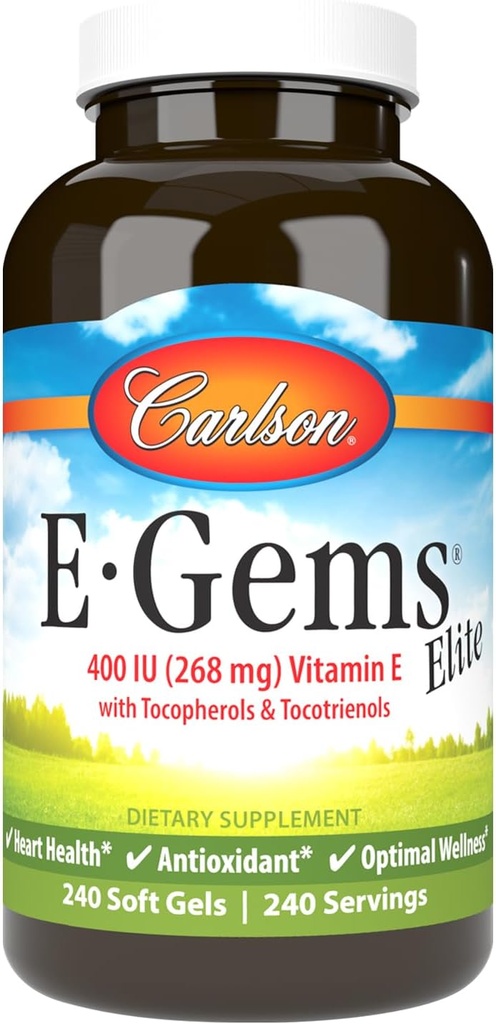 קרלסון - E-Gems Elite, 400 IU ויטמין E עם Tocopherols & Tocotrienols, ויטמין E כמוסות, Heart Health & Optimal, Antioxidant, ויטמין E תוסף, 240 Softgels