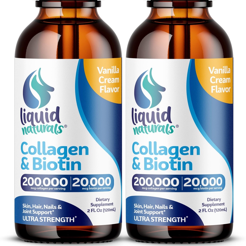 סוכריות נוזליות וביוטין, 2 Fl. Oz, Ultra-Strength Collagen תוספי לנשים, Keto Friendly Biotin for Hair Growth Women, Nails, & Skin ויטמינים B7 Collageno Peptides - Vanilla Flavor - 2 Pack