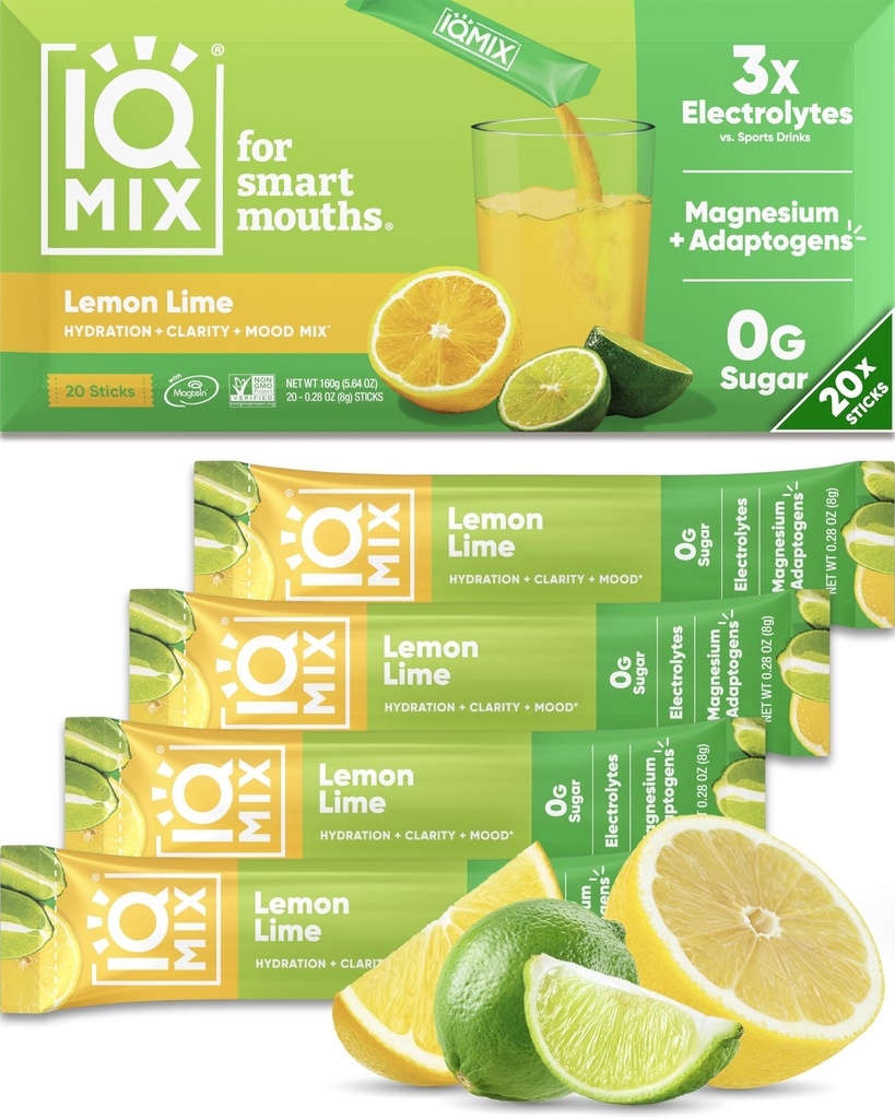 אבקת IQMIX hydrotion Electrolyte - 4in-1 פורמולה להשקה, בהירות נפשית, Mood and Recovery - Sugar-Free Drink Mix, Keto, Magnesium L-Threonate, Lion's Mane - 20 Count Lemon Lime Lime