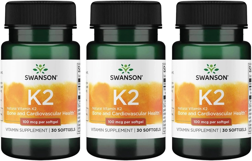סוונסון ויטמין K2 (Menaquinone-7) - תוסף ויטמין תומך Cardiovascular ו- Bone Health - Made From Japanese Natto כדי לעזור Regulate Calcium - (30 Softgels, 100mcg כל אחד) (3 Pack)