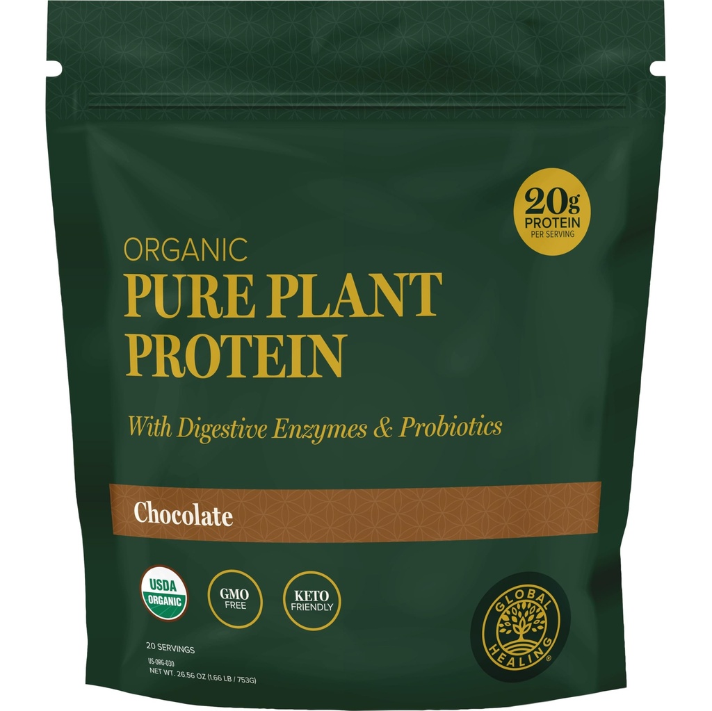 Global Healing Organic Plant Chocolate Protein Powder for Men and Women 20g - Dairy Free Protein Powder with Digestive Enzymes & Probiotics to Support Gut Health (1.6 Lbs)