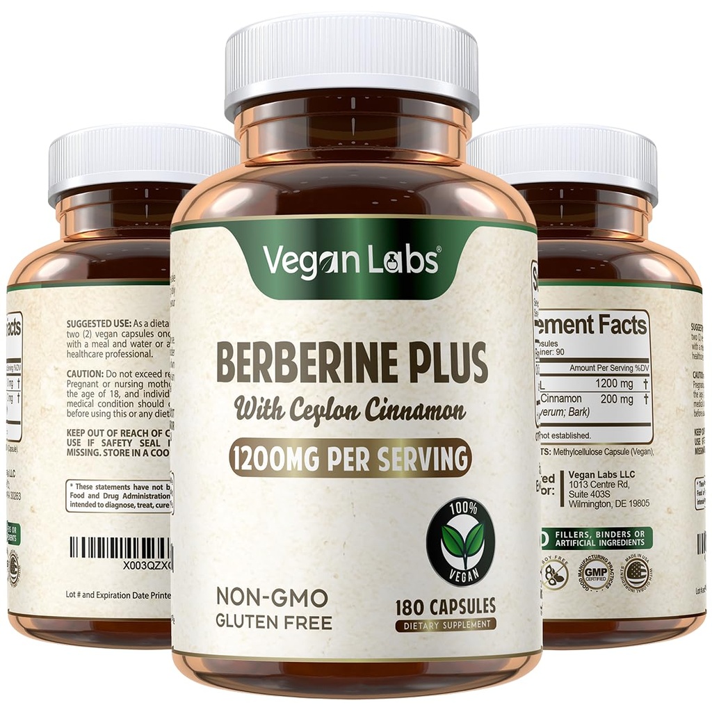 מעבדות טבעוניות Berberine HCL 1200MG עם Ceylon Cinnamon - 180 קפסולות טבעוניות תמיכה הכוללת בריאות ומערכת החיסון