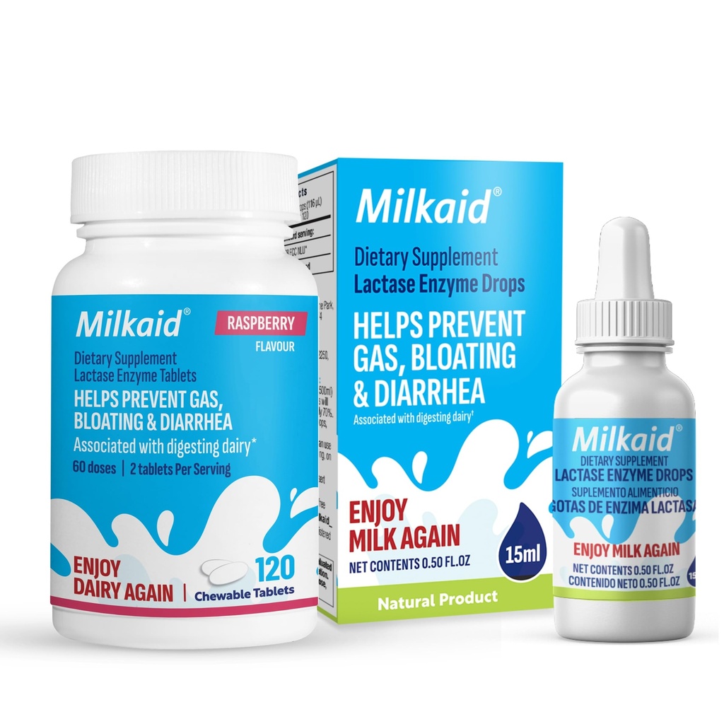 Milkaid Lactase Enzyme Drops טבליות עבור Lactose Intolerance הקלה | מונע גז, Bloating & Diarrhea | חלבי מזון תוספת | 0.5 Fl Oz & 120 טבליות מפוארות